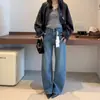 Temperamento de alta classe! Duas cores disponíveis, design de bolso simples, nítido e estiloso, elasticidade em quatro direções, perna larga, perna curva, jeans de ganga