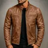 Chaqueta de Cuero para Hombre, Nuevo Modelo Otoño/Invierno, Estilo Motociclista de Comercio Exterior, Cuello Alto, Talla Grande, Corte Ajustado, Chaqueta con Cremallera