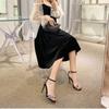 Sandalias de Cadena con Pedrería Estilo Celebridad para Mujer Ins20 Populares Negras con Hebilla de Una Línea Tacones de Aguja Sexy Stiletto Verano