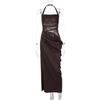 Vestido Sexy Estilo Transfronterizo Europeo y Americano con Empalme de Malla, Slim, sin Espalda, Color Sólido, sin Cintura, Cuello Halter, Falda Larga Elegante, Ropa de Mujer