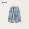 Yubao Moda Infantil Verão Novo Calça Casual Wide-leg Calças Azuis Claras para Meninas Jeans com Flores Tridimensionais para Meninas