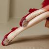 Zapatos de Boda Nupciales Traje Xiuhe Rojo para Mujer Nuevo Estilo Lazo de Pedrería Mujeres Embarazadas Tacón Grueso Punta Cuadrada Zapatos Estilo Francés