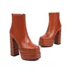 Tallas 34-43 Cremallera Lateral Color Sólido Otoño e Invierno Botas de Cuero para Mujer Punta Cuadrada Impermeables Plataforma Tacón Súper Alto Transfronterizas Talla Grande Botas para Mujer