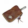 Bolsa para Llaves de Cuero de Primera Capa Curtido Vegetal para Mujer Hecha a Mano Piel de Vaca Lavada Estilo Retro Cremallera Bolsa para Llaves de Coche Hombre