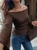 Personalización de Fábrica Estilo Perezoso Europeo Americano Suéter Tejido Mujer Otoño Invierno Sensación de Alta Gama Un Hombro Color Sólido Corte Delgado Mangas Acampanadas