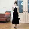 Vestido Elegante de Empalme con Contraste y Lazo Nuevo para Otoño e Invierno, Mangas Abullonadas para Mujer, Talla Grande, Falda Interior de Longitud Media