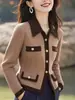 Cardigan de malha com lapela marrom Maillard feminino 2024 outono/inverno novo slim-fit slimming viajante top de alta qualidade maré