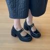Sapatos Mary Jane Elegantes de Salto Alto para Mulheres com Velcro, Boca Rasa, Solas Grossas, Sapatos Pequenos para o Dia a Dia, Sapatos Pequenos de Couro