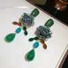 Pendientes de Rosa Verde Estilo Artístico Retro, Tachuelas Únicas y de Moda para Nicho, Nuevos Pendientes de Lujo Ligero Estilo Chino de Gama Alta