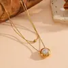 Collar Cruzado Nuevo Versátil de Acero de Titanio Elegante Versátil con Colgante Redondo de Piedra de Color para Mujer Collar de Acero Inoxidable de Doble Capa Tachonado de Perlas