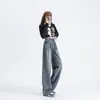 Jeans de Pierna Ancha con Cubierta de Cadera Forrados de Polar para Mujer Otoño e Invierno Engrosados de Cintura Alta Sueltos Adelgazantes para Figura de Pera Ceniza de Cemento Rectos