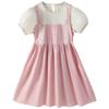 Vestido Infantil para Meninas, Vestido de Manga Curta com Design Falso de Duas Peças, Tendência de Verão 2025 para Crianças, Vestido de Algodão Color Block para Crianças Maiores, Estiloso