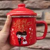 Taza de Esmalte Antigua con Tapa, Taza de Boda Completamente Roja, Taza de Pareja, Taza de Boda, Tarro Nostálgico, Taza Roja
