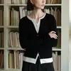 Suéter Tricô Simples Intelectual Fio Yangtze Lã Bloco de Cores Falso Duas Peças para Mulheres, Top de Outono