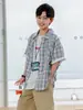 Nueva Camisa de Manga Corta de Algodón Puro Estilo Preppy de Verano 2025 para Niños Camisa a Cuadros de Media Manga para Niños Panda Yuan Yuan
