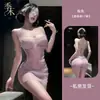 Lingerie sexy de atração semi-doce para mulheres, com brilho fino, decote ombro a ombro profundo, saia justa ao corpo e roupão de tule roxo