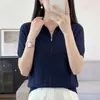 Nueva camiseta de punto de algodón puro para verano, con media cremallera y cuello camisero, manga corta, corte holgado y favorecedor, top liso de moda estilo coreano para mujer