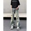 Jeans Rasgado Lavado Hip Hop High Street Masculino Corte Reto Solto Canalha Cool Jeans Rasgados Calça Longa com Design Micro Flare