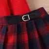 Conjunto de Duas Peças Feminino Europeu e Americano Outono e Inverno Novo: Blusa de Gola Alta com Detalhe de Ponto + Saia Plissada Xadrez Infantil
