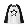 Otoño 2023 Negro y Blanco Empalmado Manga Raglán Nuevo Top Holgado y Más Fácil de Combinar Casual Delgado Estampado de Estrella de Cinco Puntas Ropa para Mujer