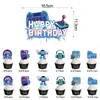 Decorações de festa de aniversário com tema de jogo neon transfronteiriço, incluindo enfeites pendentes, banners e centros de mesa.