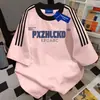 Camiseta de Manga Corta 100% Algodón Puro con Estampado de Letras Divertidas y Personalizadas y Tres Rayas para Hombres y Mujeres Verano Holgada Estilo Coreano Top Ins