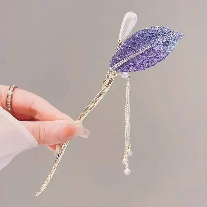 商品详情图_古风紫色刺绣树叶珍珠流苏发簪女复古汉服步摇发钗高