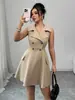 Vestido sin mangas para mujer de importación para mujer con solapa doble botonadura entallado a la cintura dobladillo en A estilo elegante para la oficina vestido corto