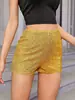 2025 Amazon Moda Multicolor Lantejoula Slim Fit Hot Pants Lantejoulas Cor Sólida Preto Cintura Média Sexy Perna Reta Shorts Feminino