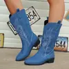 Europa y América Comercio Exterior Talla Grande Otoño e Invierno Nuevo Bordado Botas de Caballero Mujer Punta Afilada Tacón Cuadrado Bordado Transfronterizo Botas Largas wish Venta al por Mayor