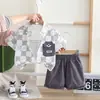 Comercio Exterior Nuevo Traje de Cuadros Cuadrados con Cabeza de Oso de Manga Corta para Niños Traje de Tres Piezas Casual de Verano Cómodo Delgado de Moda para Niños