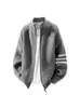 Cardigan de Tricô Masculino com Caimento Solto, Gola Alta, Três Listras, Zíper Fashion, Espessado, Quente, Anti-Pilling