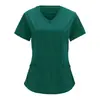 Ropa de Trabajo Estilo Enfermera Europea y Americana Transfronteriza Camisa de Color Puro Cuello en V Pantalones con Bolsillo Grande de Solapa Camiseta de Manga Corta Talla Estándar/Talla Grande para Mujer