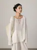 Blusa de Lino Calada de Manga Larga con Diseño de Cuello en V, Top Tejido Estilo Old Money, Blusa Suave y Romántica