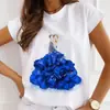 Transfronterizo Nuevo Producto Estampado de Flores de Rosa Manga Corta de Mujer Personalidad Casual Ropa de Mujer Cuello Redondo Camiseta Camiseta Básica