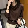 Suéter Feminino Outono Inverno Novo Manga Longa com Gola de Babados Assimétrica Estilo Preguiçoso Solto Versátil Camada Base Malha