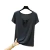 Nova camiseta de verão com renda e cadarço, manga curta, para mulheres, fina, estilosa, versátil, modeladora, plus size