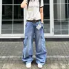 Pantalones de trabajo retro americanos de nuevo estilo, plisados, multibolsillos, lavados y desgastados, para mujer; pantalones casuales de pierna recta ancha, holgados, para hombre