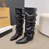 Botas vaqueras largas tejidas para mujer, nuevo estilo otoño e invierno, caña ancha, tacón alto, adelgazantes, botas de jinete fruncidas