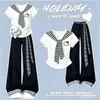 2026 Camiseta Linda de Gato KT de Manga Corta Pantalones Casuales de Pierna Ancha a Cuadros Elegantes Para Niños Medianos y Grandes Conjunto Nuevo de Dos Piezas de Verano