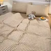 Juego de Cuatro Piezas de Algodón Puro Lavado Estilo Sueño Nude, Sábana Bajera y Funda Nórdica Estilo Ins Amigables con la Piel, Juego de Tres Piezas de Sábana Bajera para Cama de Dormitorio Fresco Pequeño