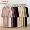 Conjunto casual de suéter de punto acanalado para mujer, otoño e invierno, cuello en V, estilo relajado, cintura alta, elegante, conjunto de dos piezas de corte holgado