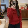 Suéter de Tricô Vermelho Off-Shoulder com Tranças para o Natal e Ano Novo, Novo Estilo Outono/Inverno 2026, Top Casual de Tricô Suave