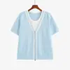 Blusa Tricô Cardigan Manga Curta Casual Soltinha Color Block Falso Duas Peças Feminina Plus Size, Outono 2026 23863