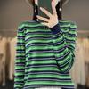 Suéter de punto de algodón con cuello redondo, rayas y colores a juego para mujer, manga larga, holgado, informal, antiedad, para principios de otoño