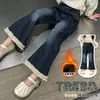 Calças Jeans Femininas Outono e Inverno Calças Flare Estilosas Elásticas Renda Calças Longas Forradas com Fleece Moda Calças Tendência