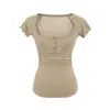 Camiseta Ligera de Manga Corta con Mangas Acampanadas, Cuello en U Pronunciado, Fruncido en la Cintura, Estilo Puro Deseo, Nueva para Verano, Base Ajustada Favorecedora para Mujer