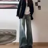 Jeans retro de cintura alta Han Ting para mulheres, um novo estilo primavera/outono com design emagrecedor e uma perna única ligeiramente flare