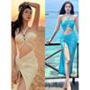 Traje de baño sexy hueco largo de tres piezas europeo y americano con abertura para mujer, vacaciones de playa, adelgazante, deseo puro, foto junto al mar