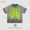 Camiseta de Manga Curta Estampada com Caveira e Osso Estilo High Street Americano, Lavada e Desgastada, para Homens e Mulheres, Tops de Verão Retro Hip-Hop